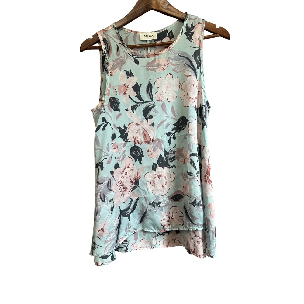 Aura Floral Sleeveless Top Womens Small Mint‎ Green Satin High Low 1018STP